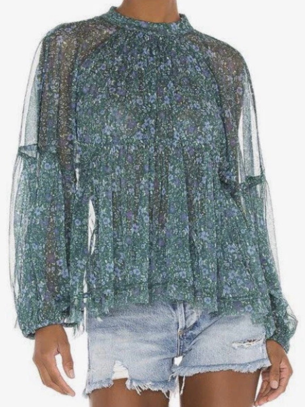 Free People Sweet Heart Mesh Babydoll Top Emerald Combo Size S (Read description